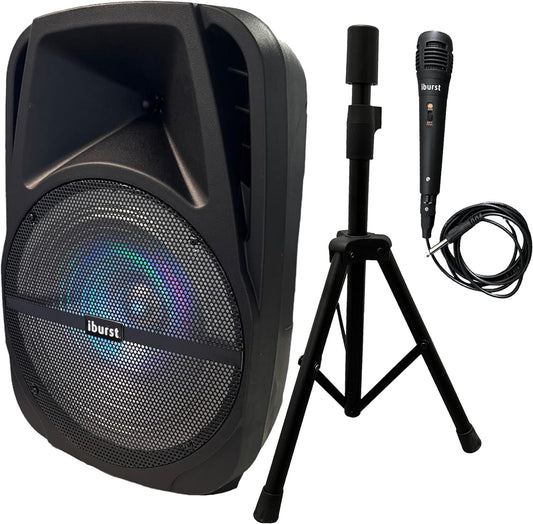 Iburst 12" inch Portable Bluetooth PA Speaker System Rechargeable Outdoor Subwoofer, Microphone in, Party Lights, USB, Radio, Microphone + Remote Stereo Loud Sound (IB-1276)