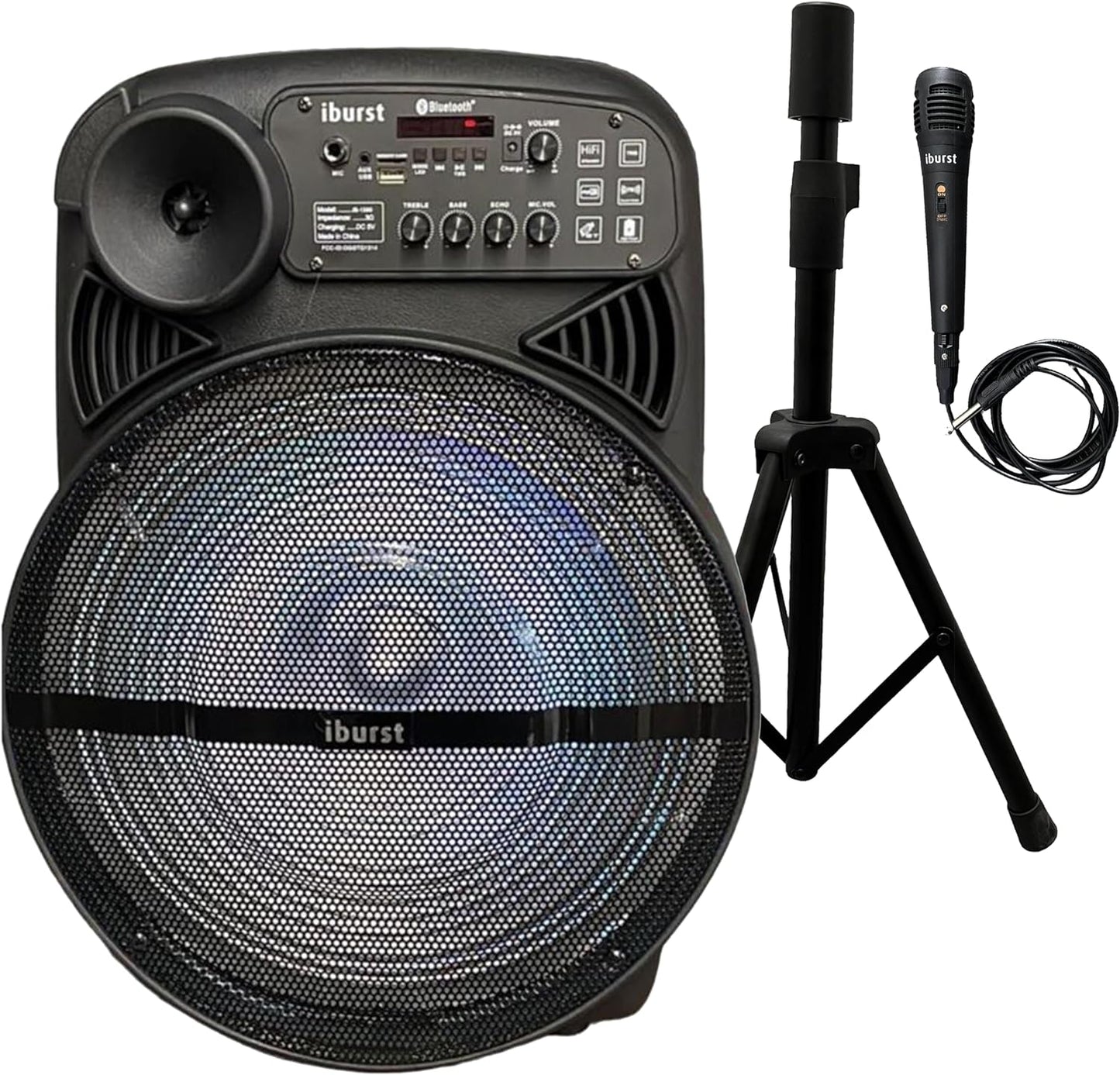 Iburst 15-inch Portable Bluetooth PA Speaker System Rechargeable Outdoor Subwoofer, Microphone in, Party Lights, USB, Radio, Microphone + Remote Stereo Loud Sound (IB-1585)