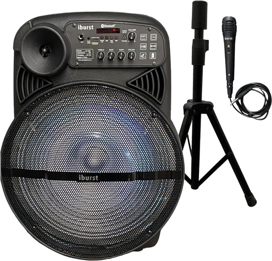 Iburst 15-inch Portable Bluetooth PA Speaker System Rechargeable Outdoor Subwoofer, Microphone in, Party Lights, USB, Radio, Microphone + Remote Stereo Loud Sound (IB-1585)