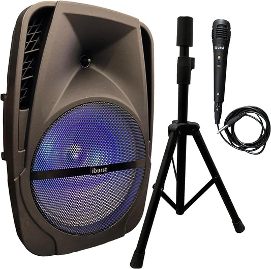 Iburst 15"inch Portable Bluetooth PA Speaker System Rechargeable Outdoor Subwoofer, Microphone in, Party Lights, USB, Radio, Microphone + Stereo Loud Sound (IB-1555 SM)