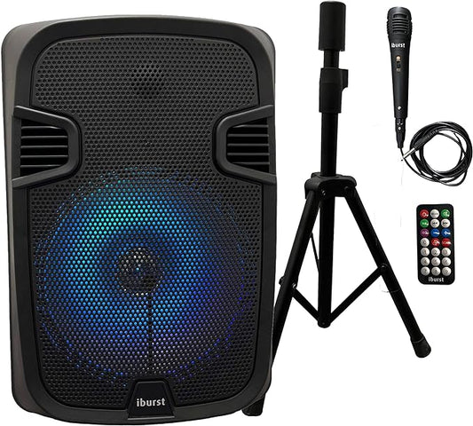 Iburst 12" inch Portable Bluetooth PA Speaker System Rechargeable Outdoor Subwoofer, Microphone in, Party Lights, USB, Radio, Microphone + Remote Stereo Loud Sound (IB-1295)