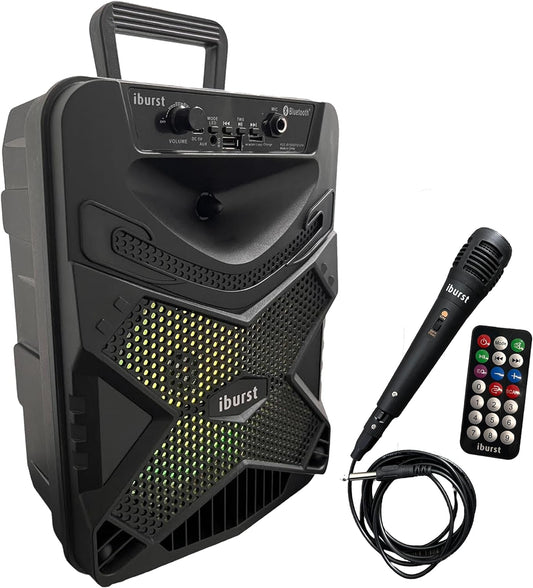 Iburst 8" inch Portable Bluetooth PA Speaker System Rechargeable Outdoor Subwoofer, Microphone in, Party Lights, USB, Radio, Wired Microphone + Remote Stereo Loud Sound (IB12)