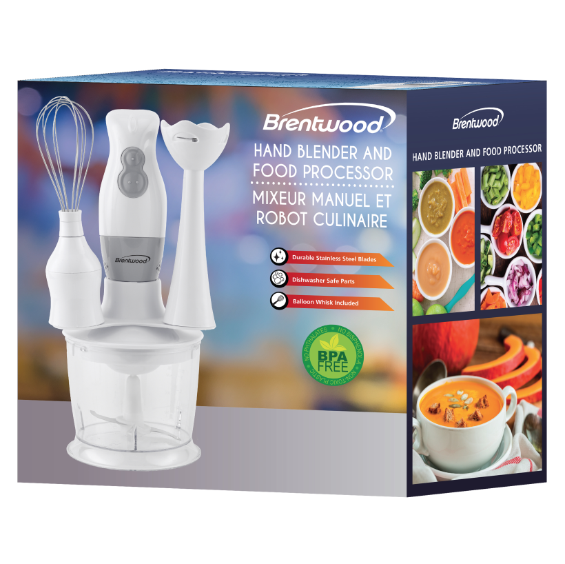 Brentwood 200 Watt Hand Blender & Food Processor With Ballon Whisk (White)