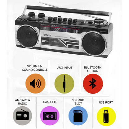 Riptunes RACR-400Retro AM/FM/SW Radio + Cassette Boombox with Bluetooth and USB/SDHC Playback