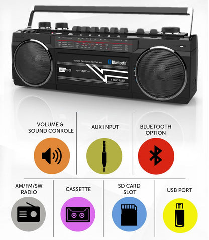 Riptunes RACR-400Retro AM/FM/SW Radio + Cassette Boombox with Bluetooth and USB/SDHC Playback