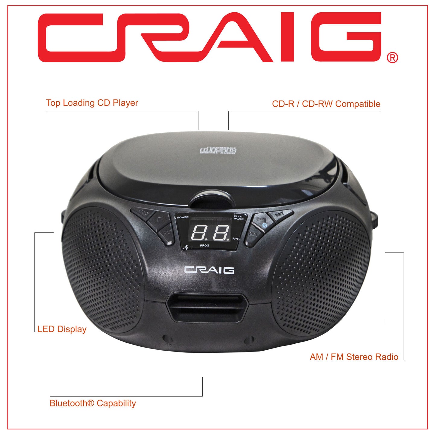 CRAIG CD6925BT-BK Portable Top-Loading Stereo CD Boombox with AM/FM Stereo Radio - Black