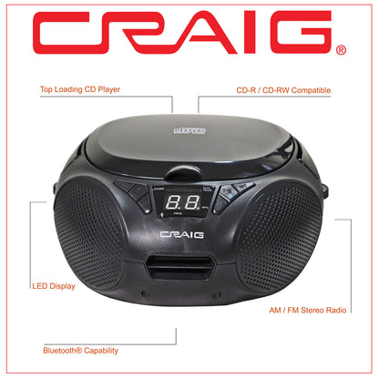 CRAIG CD6925BT-BK Portable Top-Loading Stereo CD Boombox with AM/FM Stereo Radio - Black