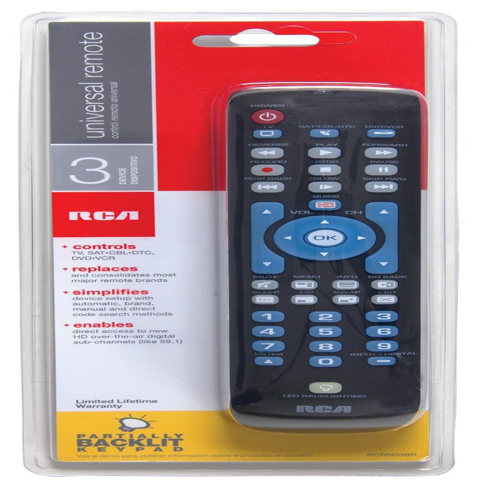 RCA RCRN03BR 3-Device Universal Remote Control with Green Partially Backlit Keypad