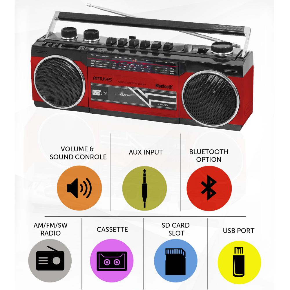 Riptunes RACR-400Retro AM/FM/SW Radio + Cassette Boombox with Bluetooth and USB/SDHC Playback